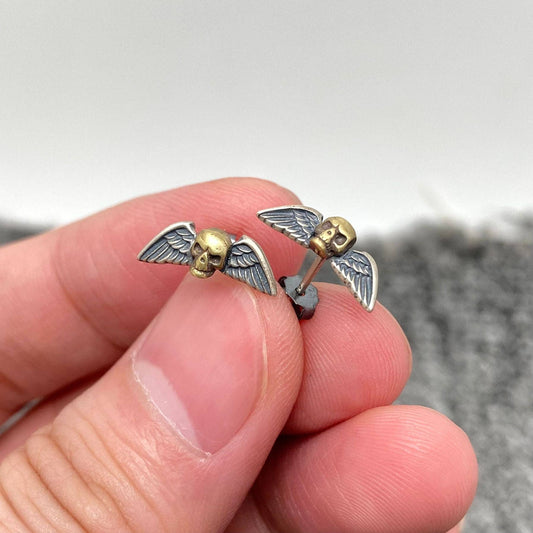 S925 Sterling Silver Winged Skull Gothic Stud Earrings - GT