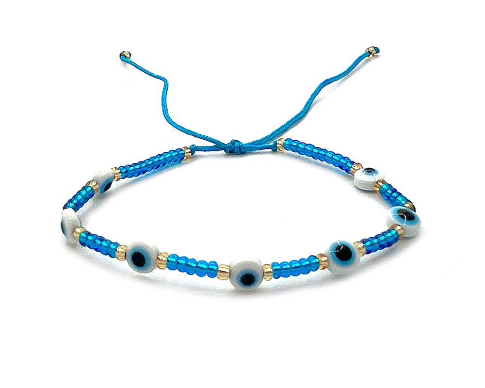 Multi Evil Eye Beaded String Pull Tie Bracelet