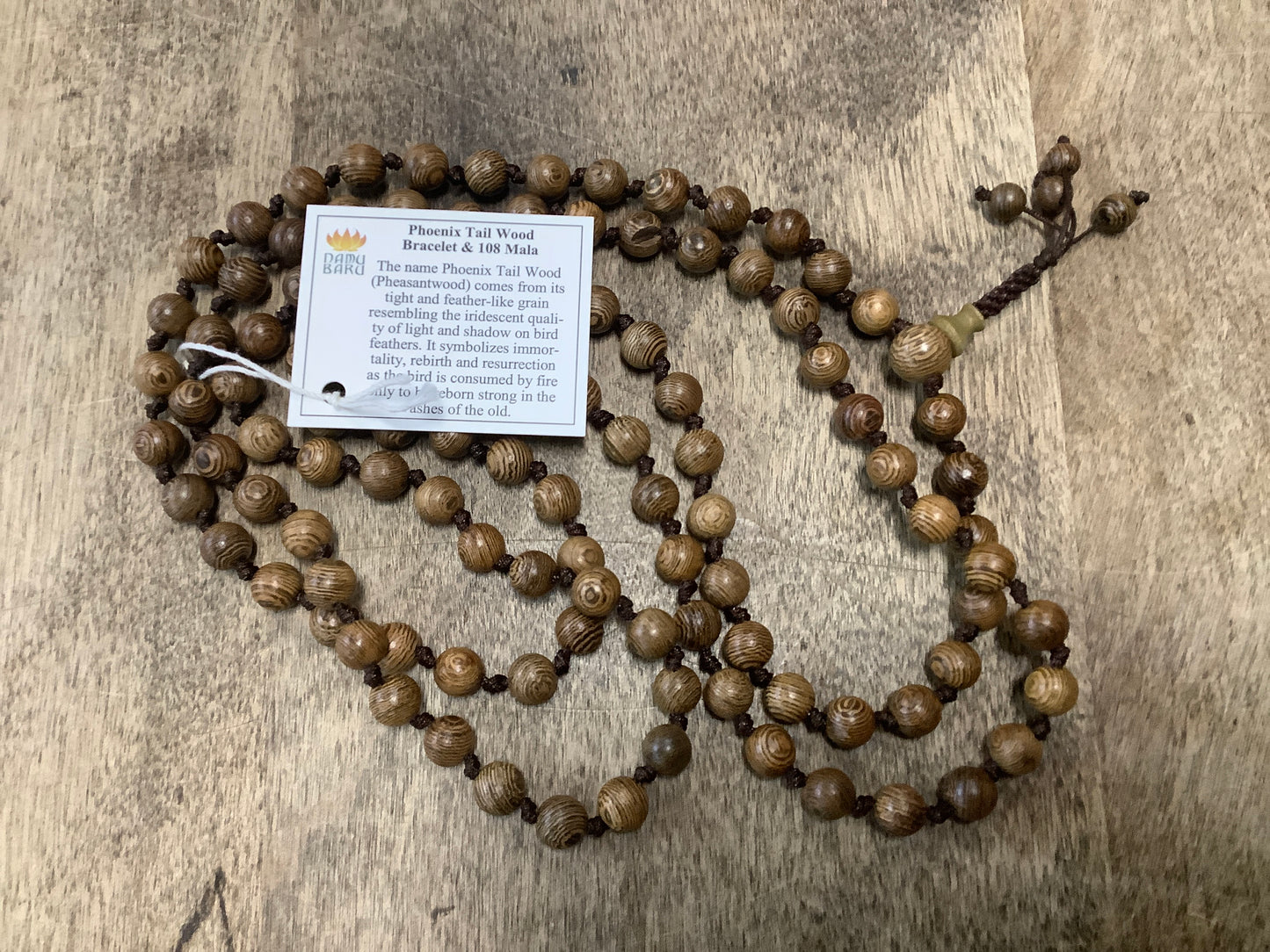 Knotted Phoenix Tail Wood 108 Bead Mala - Prayer Beads -8mm