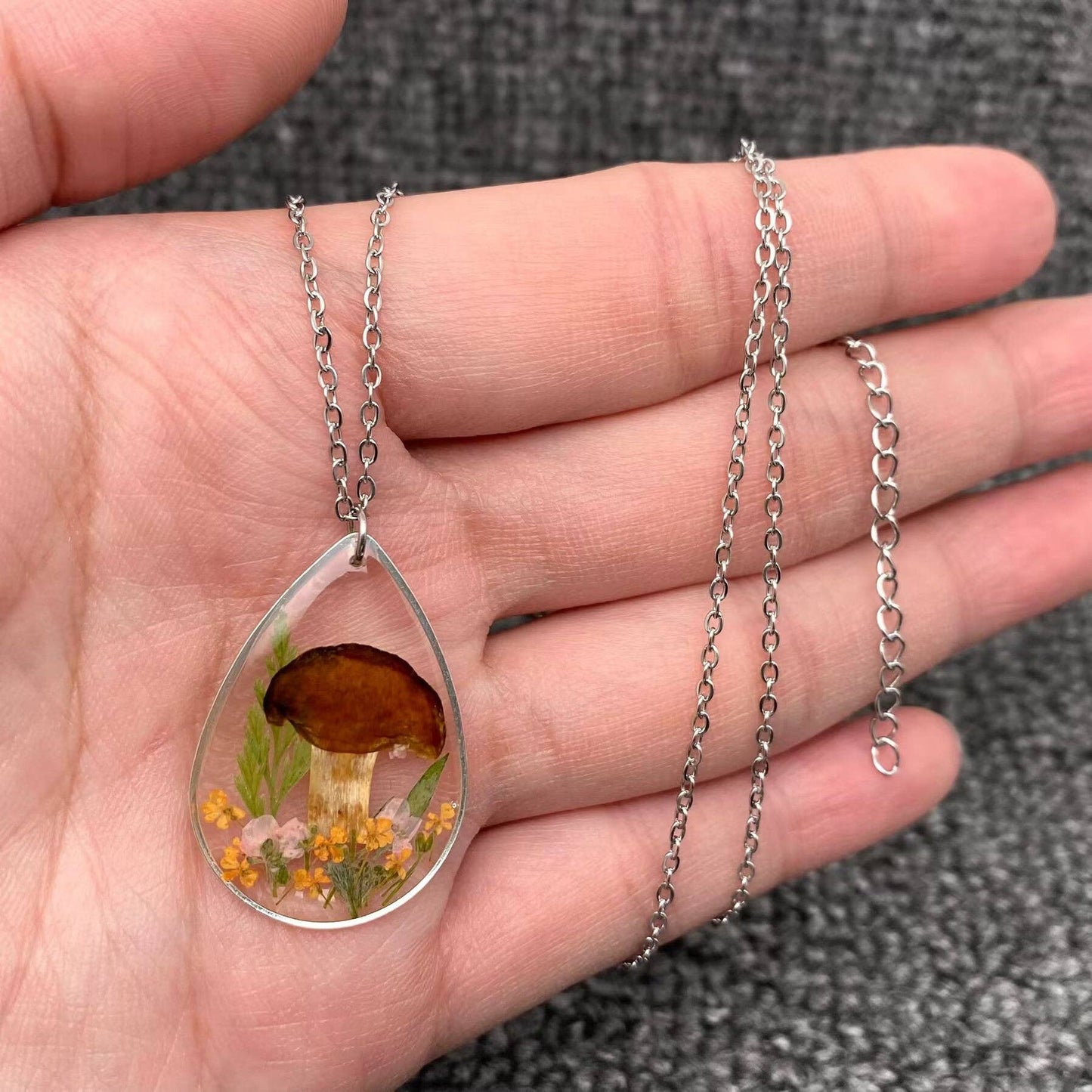 Dried Flower Mushroom Drop Charm Necklace