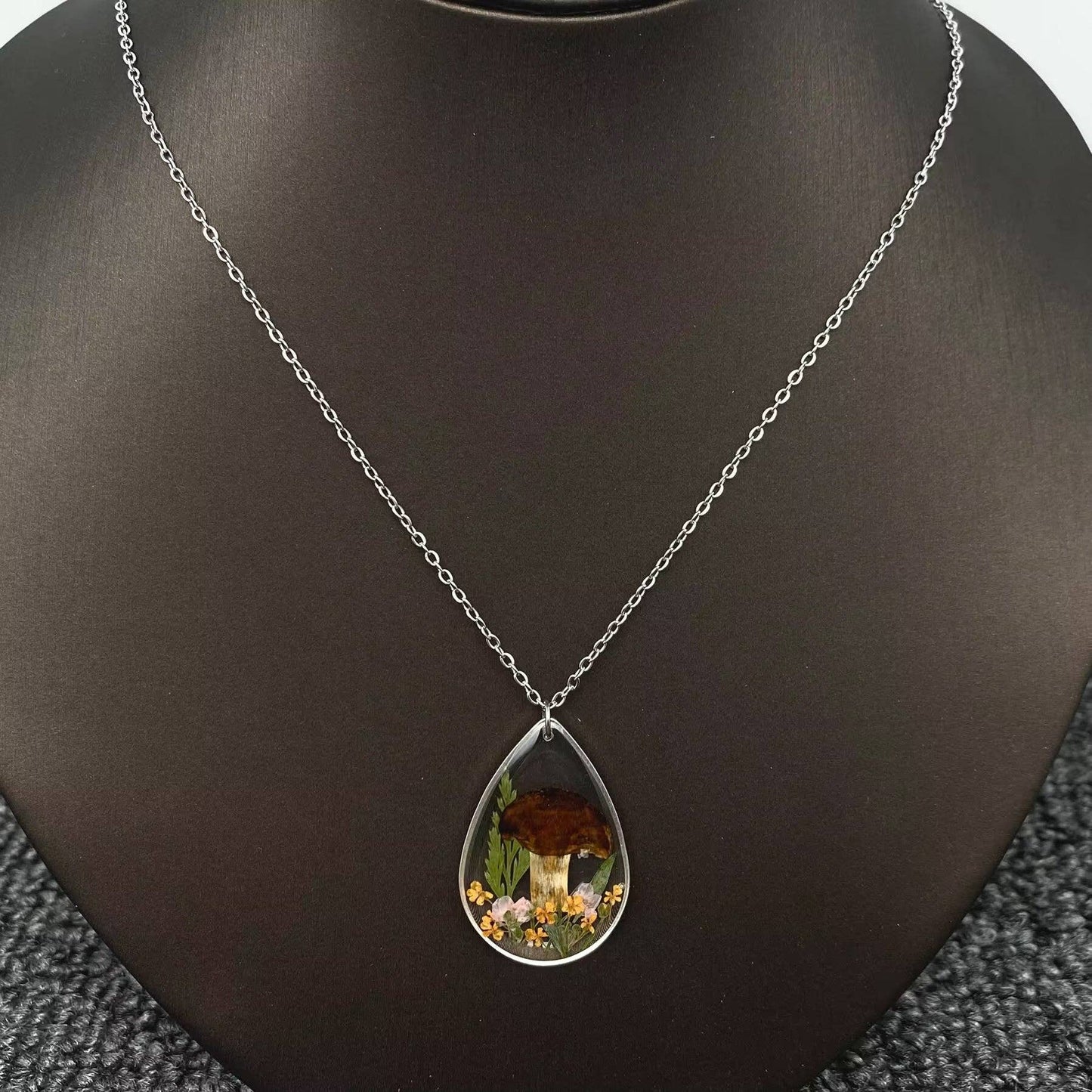 Dried Flower Mushroom Drop Charm Necklace