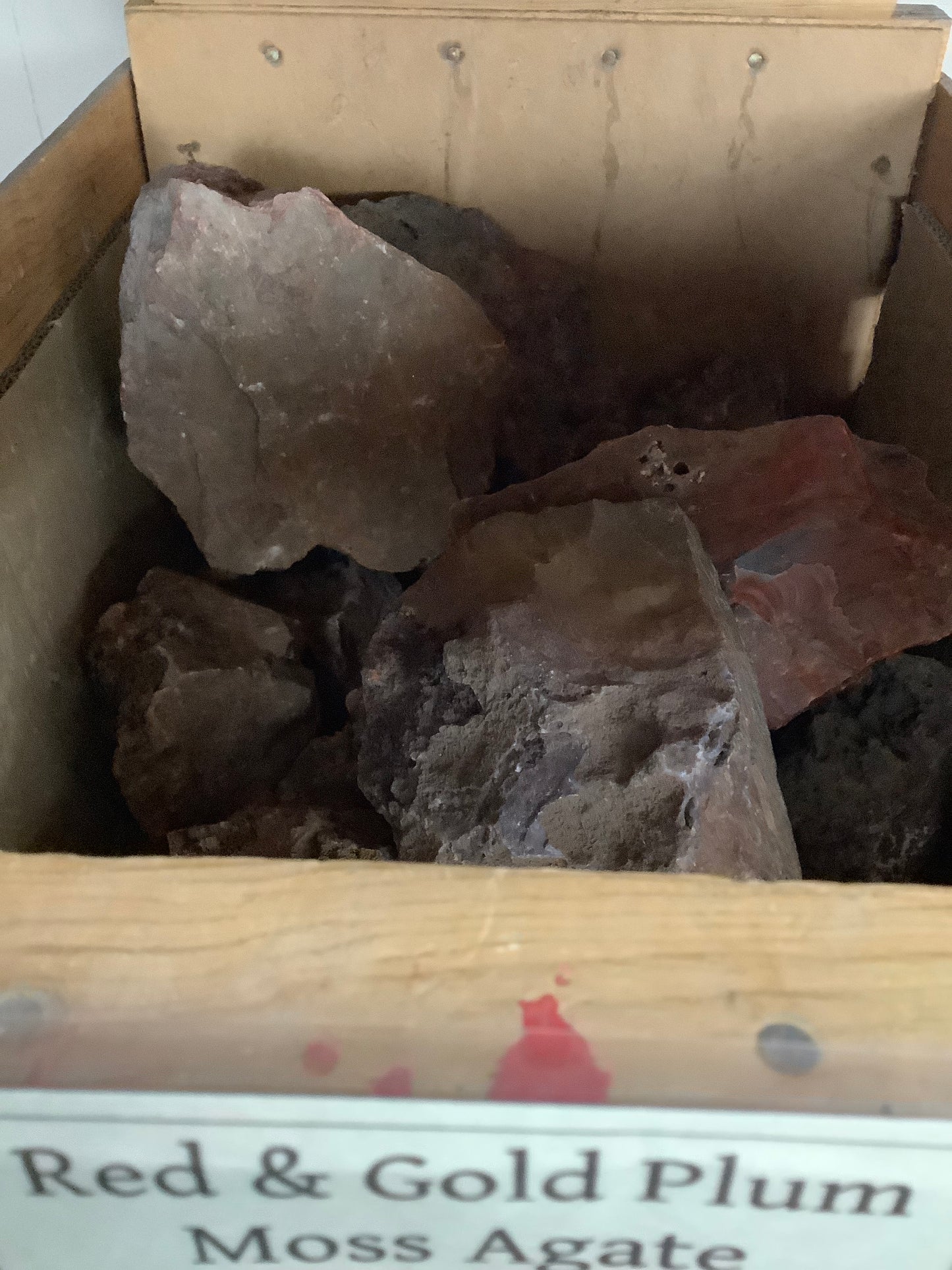 Red/gold plume agate rough by pound from crate
