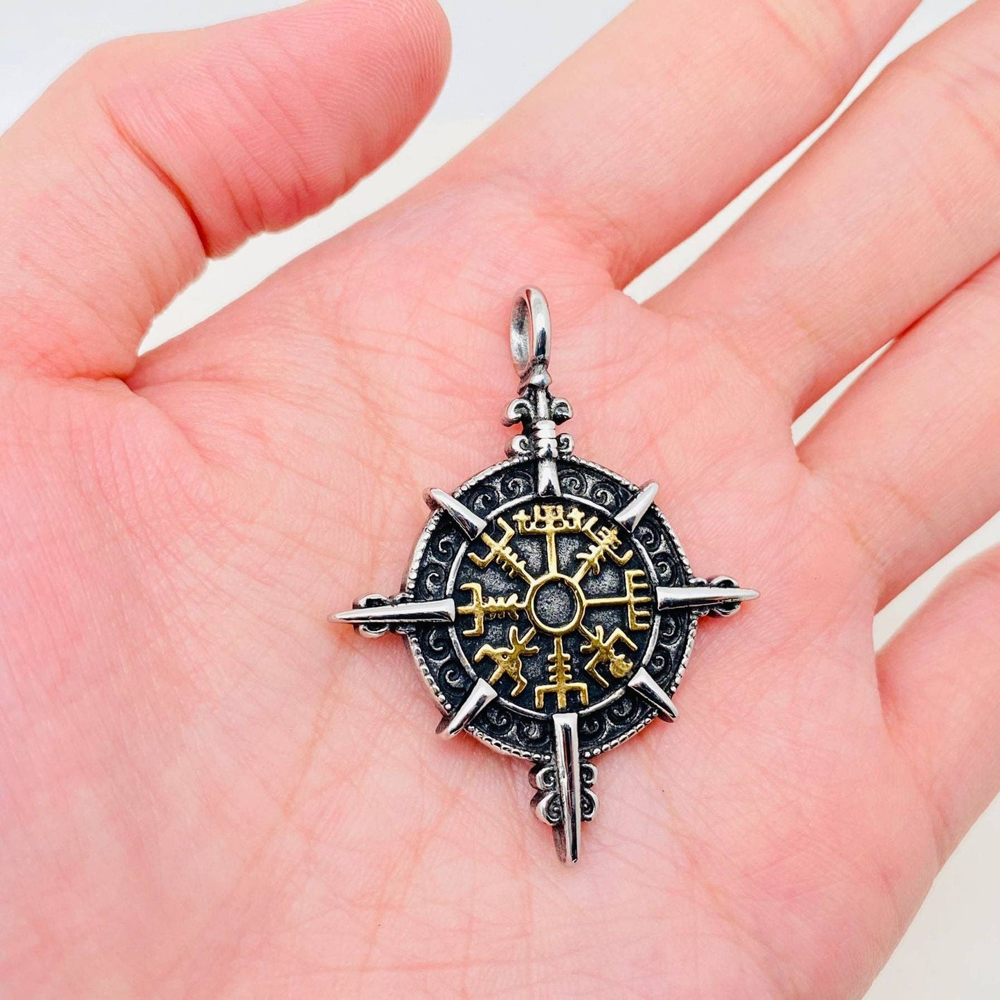 Stainless Steel Double Side Viking Compass Pendant