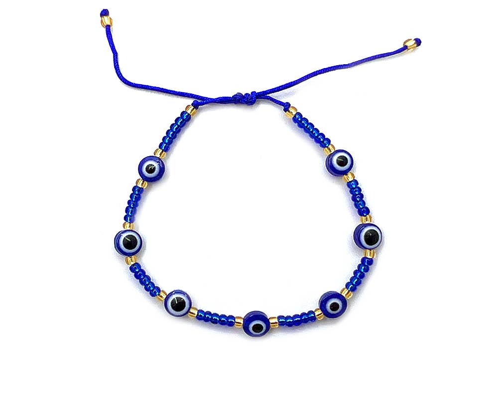 Multi Evil Eye Beaded String Pull Tie Bracelet
