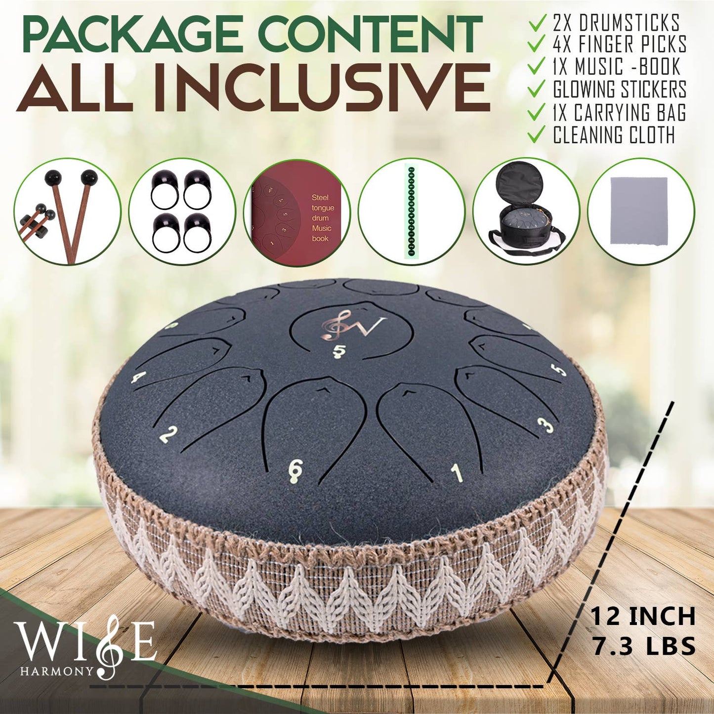 Wise Harmony Steel Tongue Drum 12 Inch 13 Notes: Black
