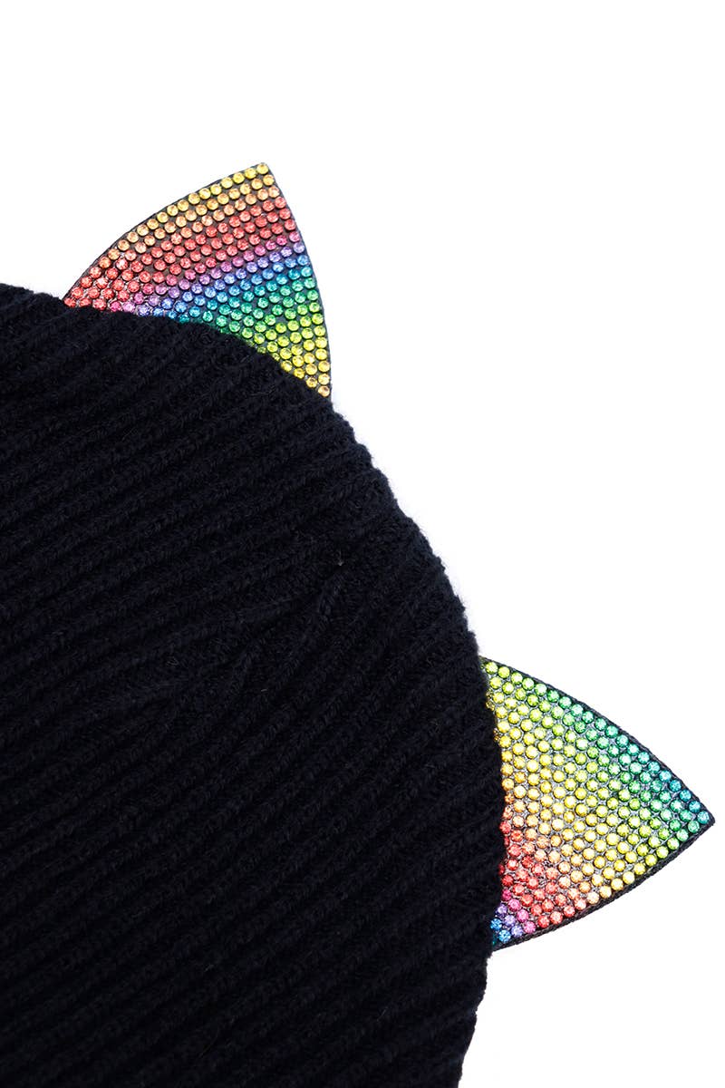 Rainbow Pride Bling Kitty Cat Ear Knitted Beanie Hat