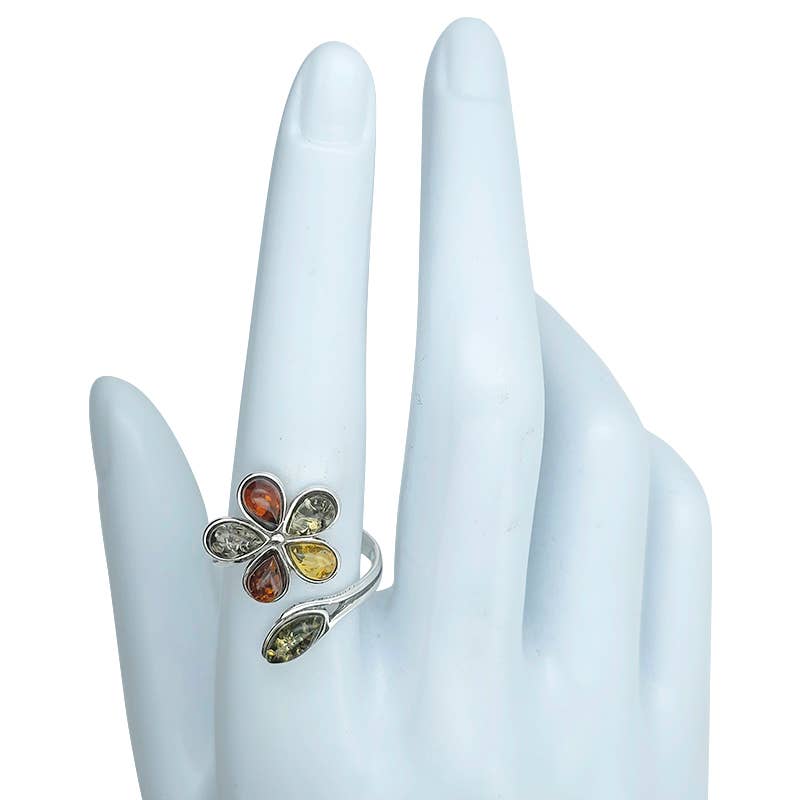 Flower Multicolor Amber Silver Adjustable Ring