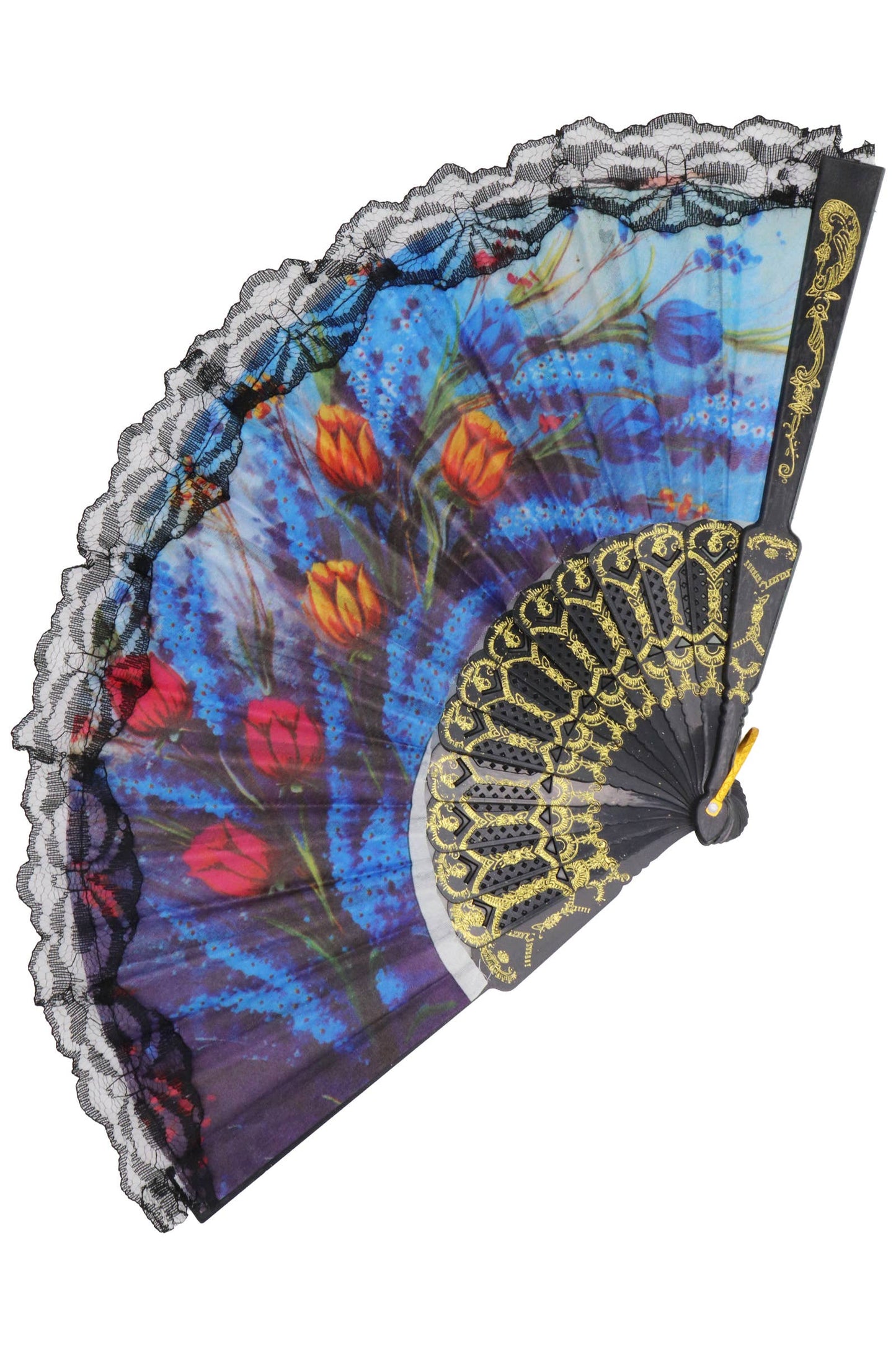 Sheer Floral Black Lace Trim Hand-Held Folding Fan