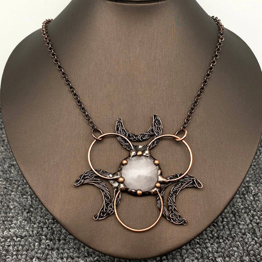 3 Crescent Moons Round Powder Crystal Charm Necklace