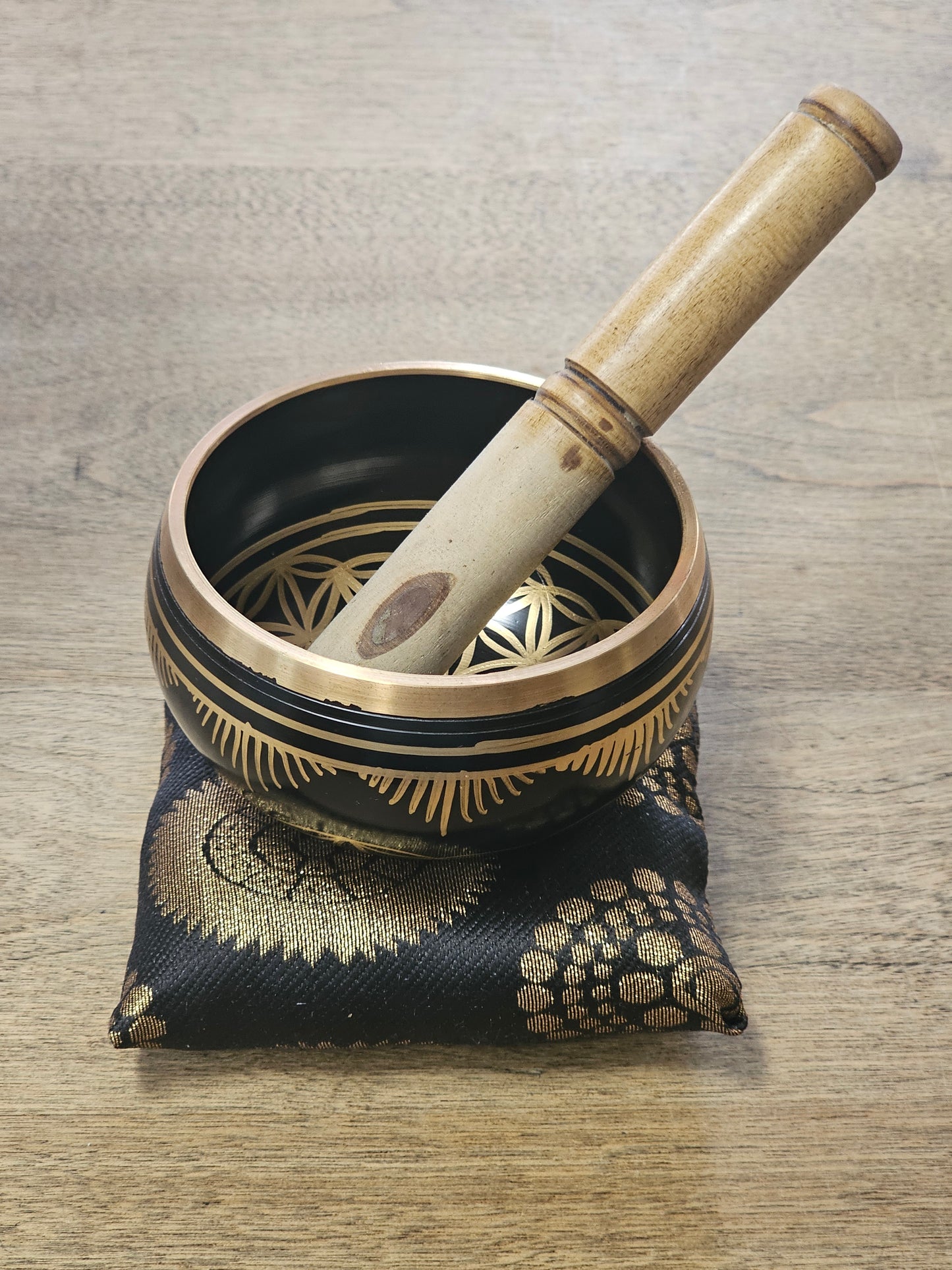 Black and Gold Flower of Life Singing Bowl with Cushion