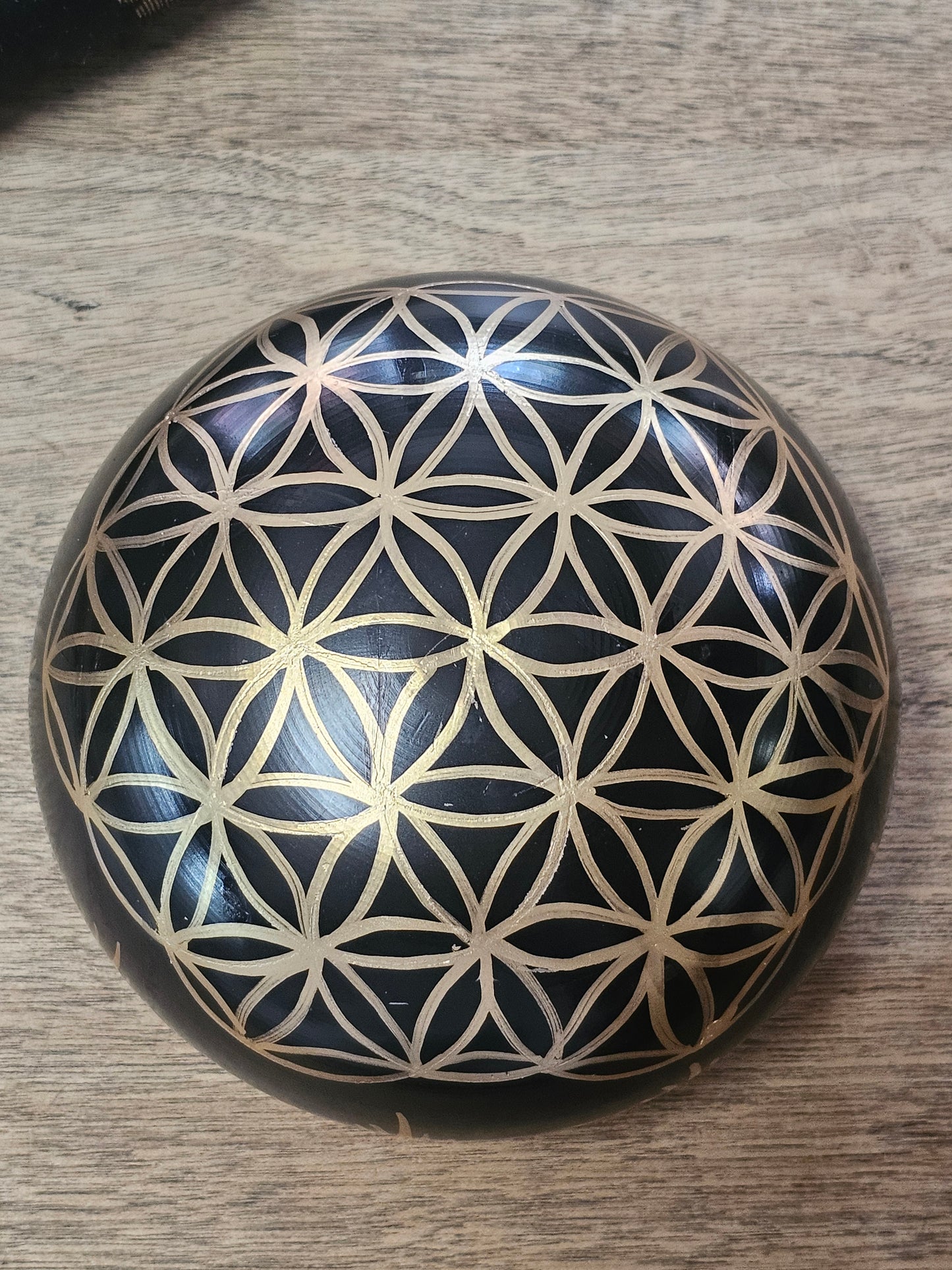 Black and Gold Flower of Life Singing Bowl with Cushion