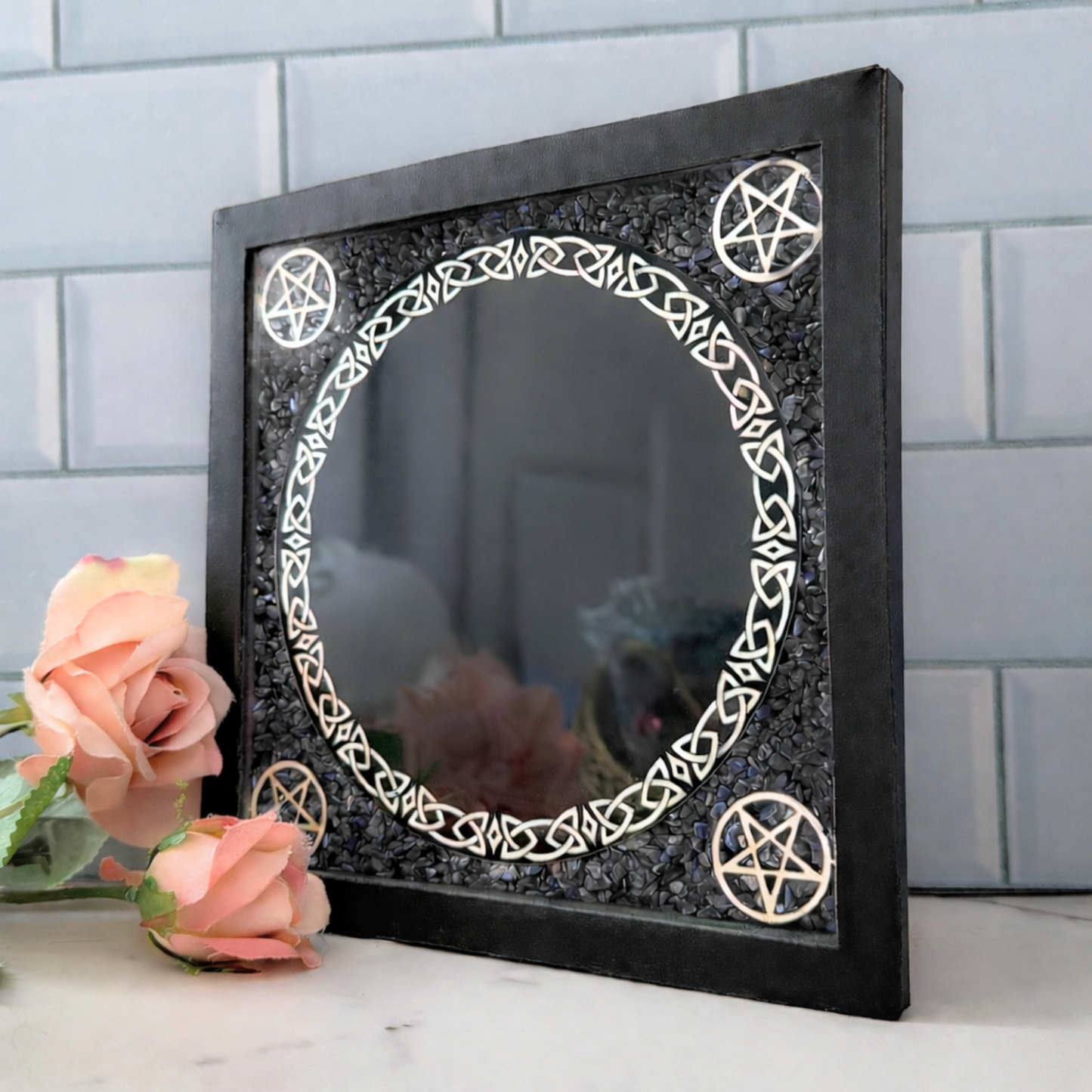 Framed Scrying Mirror with Black Tourmaline Chips