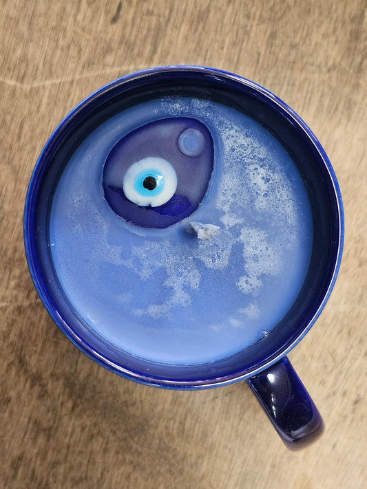 Multipurpose 3-in-1 ceramic coffee mug candle with gemstones & incense holder - Fatima hand with evil eye