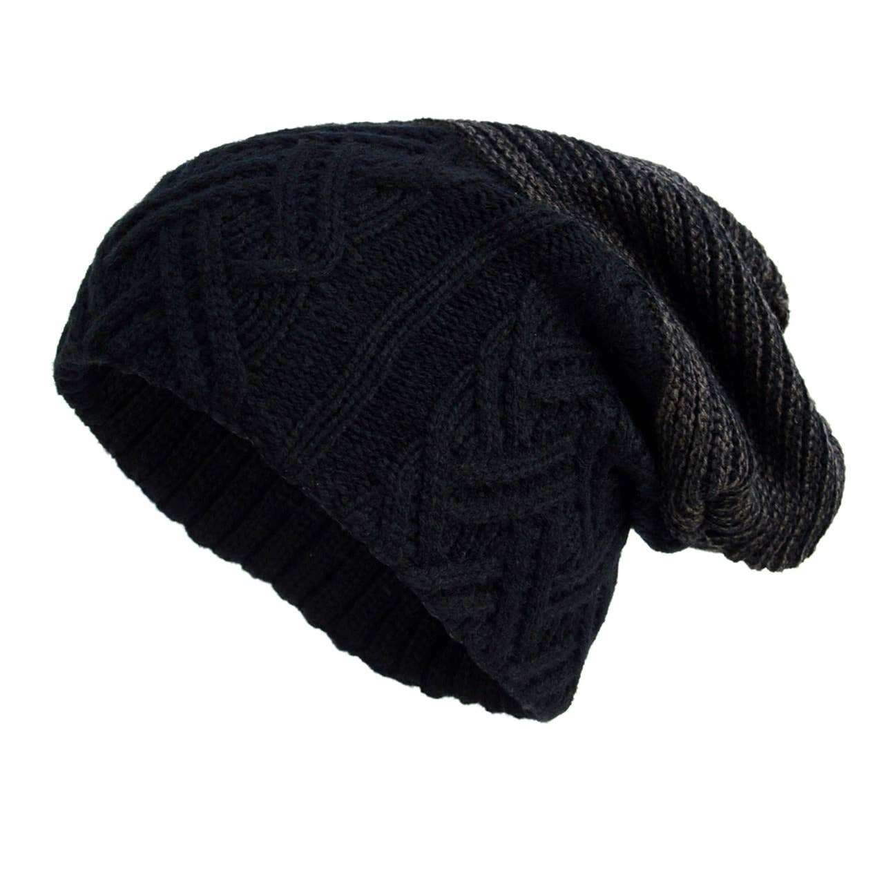 Slouchy Oversized Baggy Lined Winter Beanie Hat 2 Tone Black