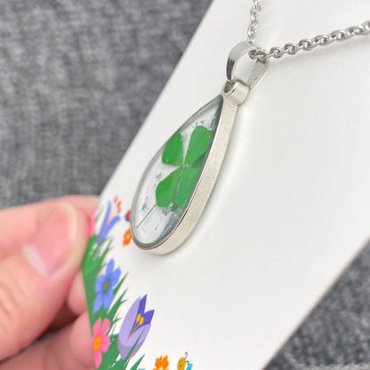 Four Leaf Clover Drop Charm Stainless Steel Necklace