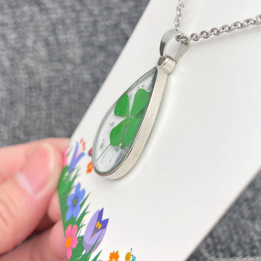 Four Leaf Clover Drop Charm Stainless Steel Necklace