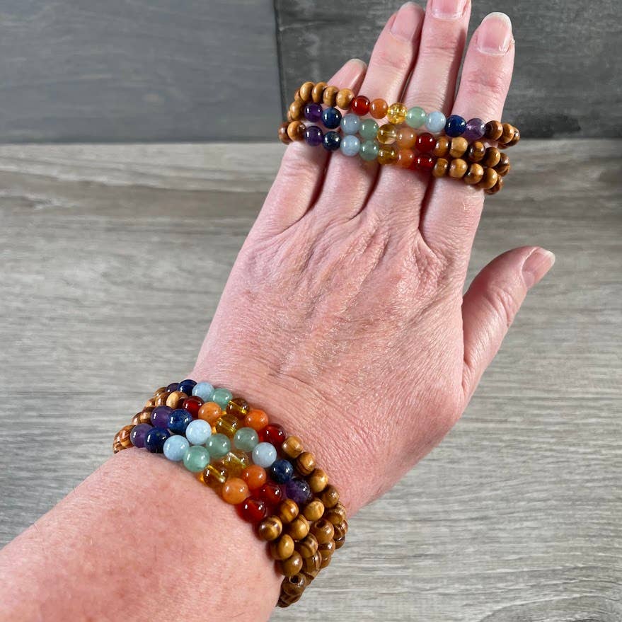 Assorted Gemstone with Wood Beads Bracelet Stretchy String