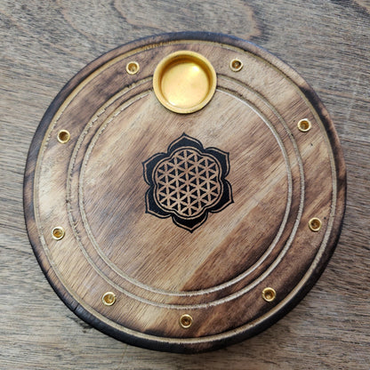Wooden Circle 4in Incense Burner Tray cones or sticks