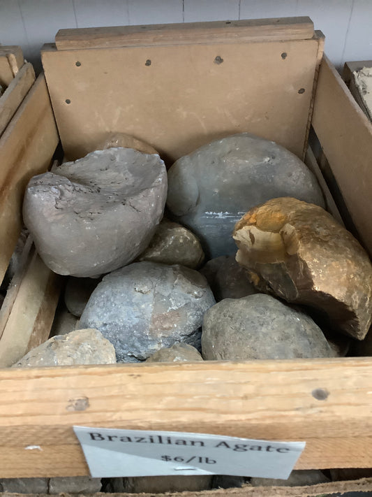 Brazilian agate rough by pound in crate