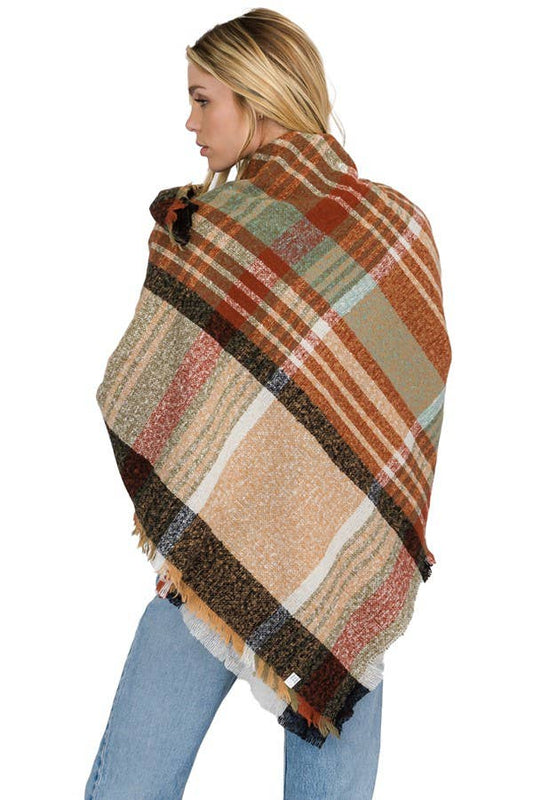Madras Tartan Plaid Checkered Fray Trim Blanket Scarf