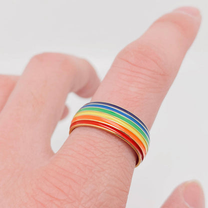 Rainbow Striped Stainless Steel Ring Men's Jewelry