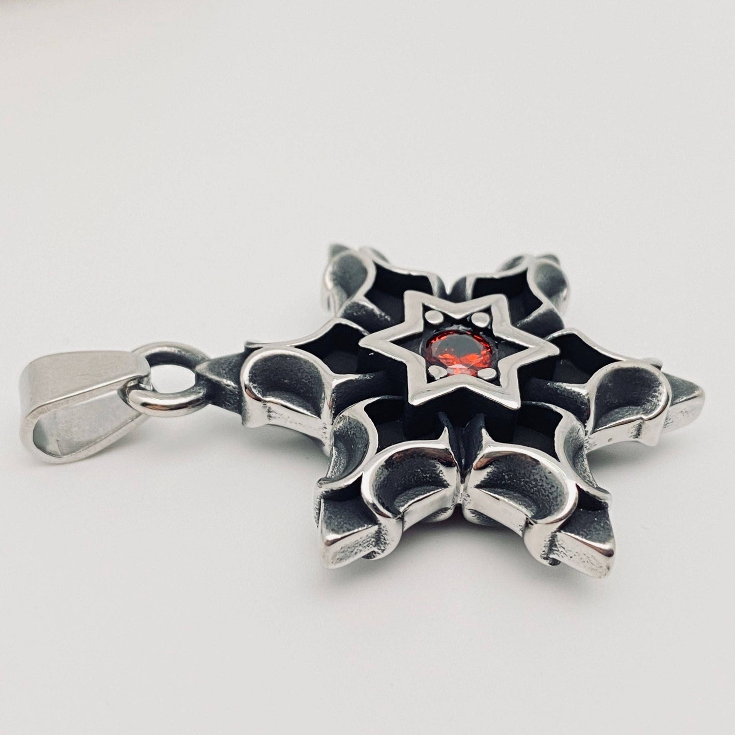 Stainless Steel Red Zircon Hexagram Charm