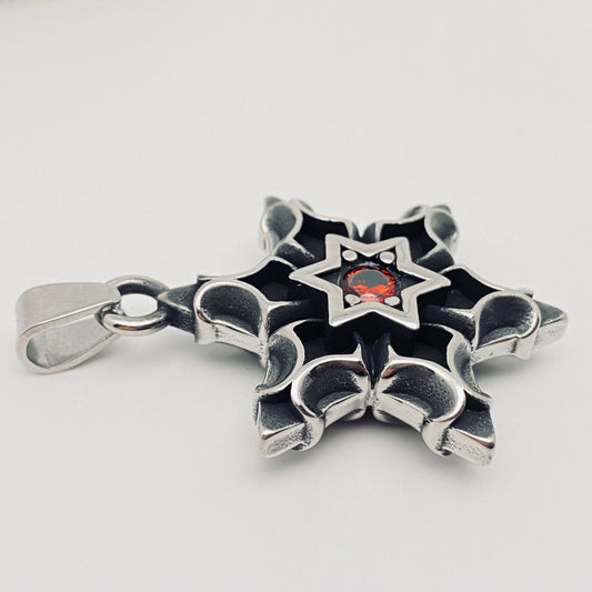 Stainless Steel Red Zircon Hexagram Charm