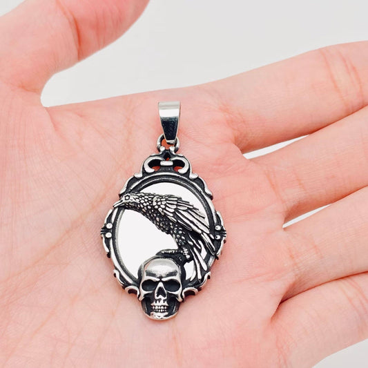 Magic Mirror Crow Standing on Skull Steel Charm