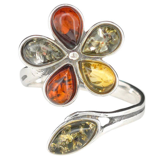 Flower Multicolor Amber Silver Adjustable Ring