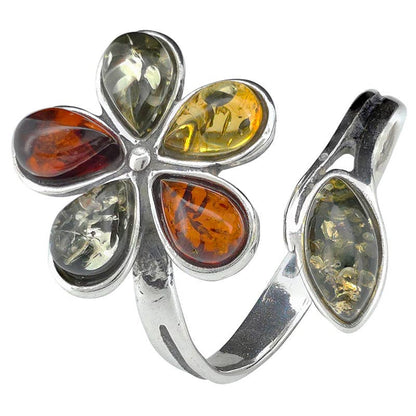 Flower Multicolor Amber Silver Adjustable Ring