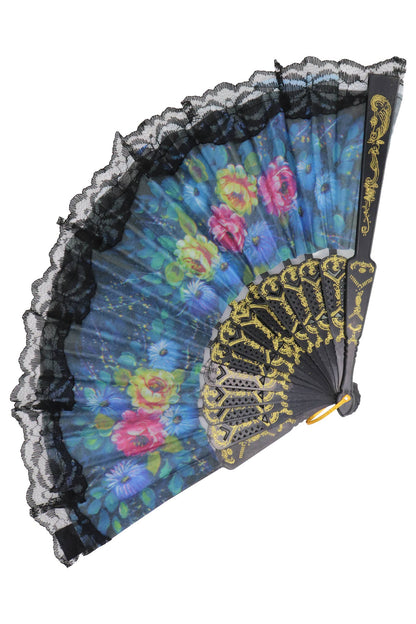 Sheer Floral Black Lace Trim Hand-Held Folding Fan