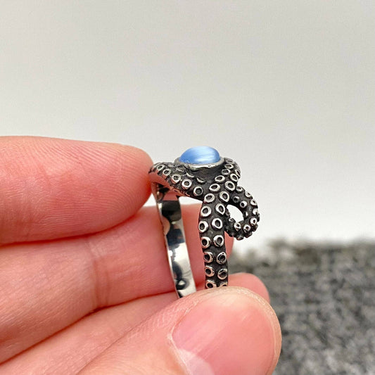 Blue Cats Eye Octopus Tentacle Stainless Steel Ring