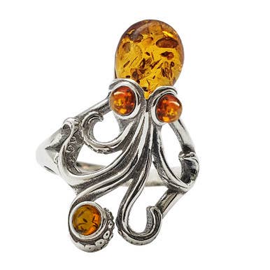 Cognac Amber Sterling Silver Octopus Adjustable Ring
