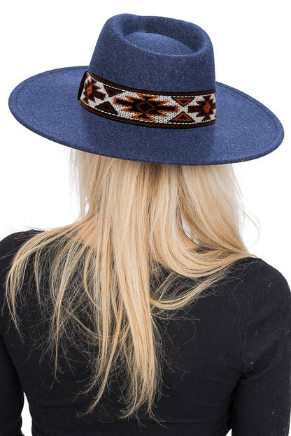 Navajo Rustic Band Pinch Crease Faux Wool Rancher Hat
