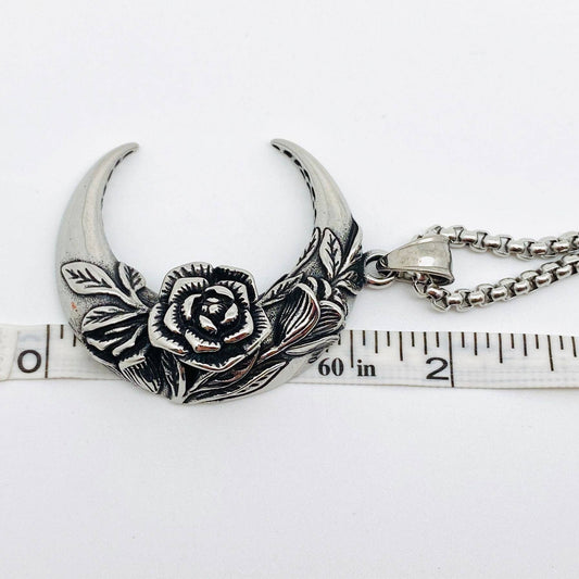 Rose Crescent Moon Charm Stainless Steel Pendant