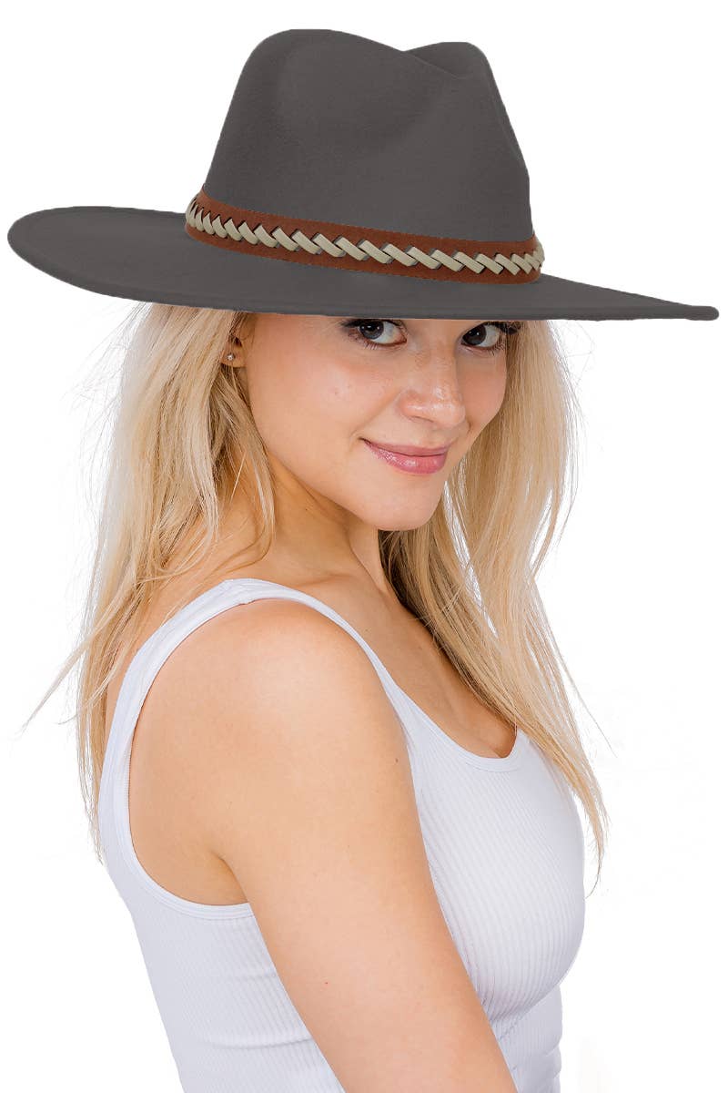 Faux Suede Leather Band Wide Brim Rancher Hat