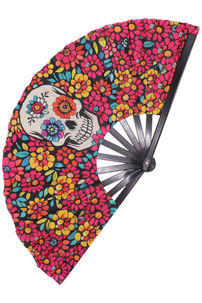 Large Sugar Skull Floral Line Dance Folding Fan - 13.5 Inch