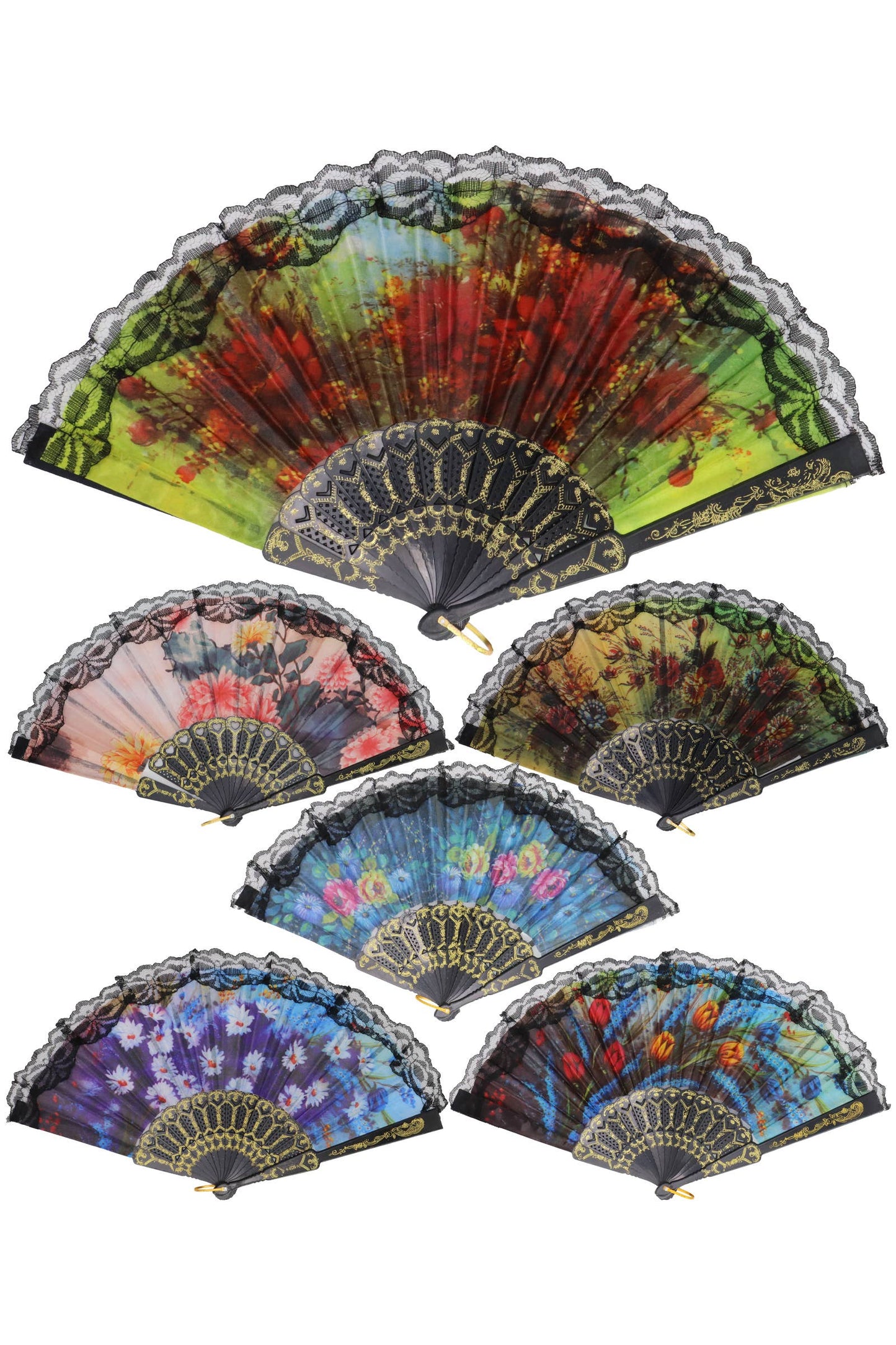 Sheer Floral Black Lace Trim Hand-Held Folding Fan