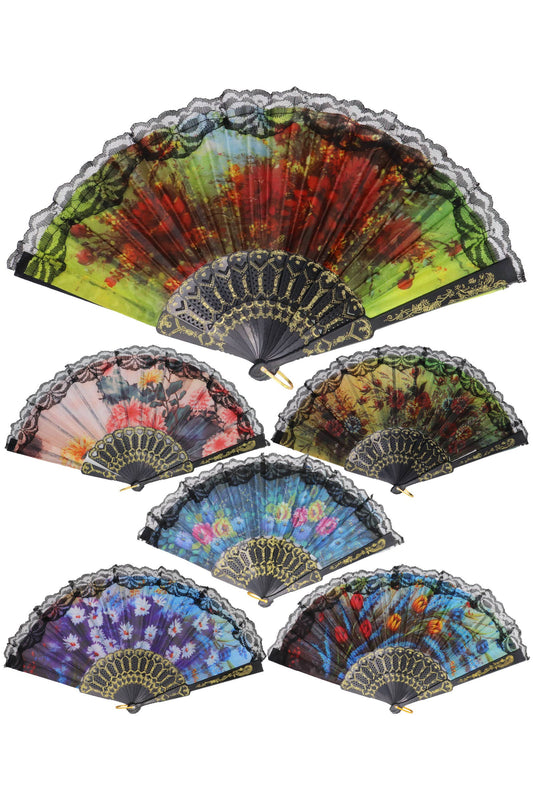 Sheer Floral Black Lace Trim Hand-Held Folding Fan
