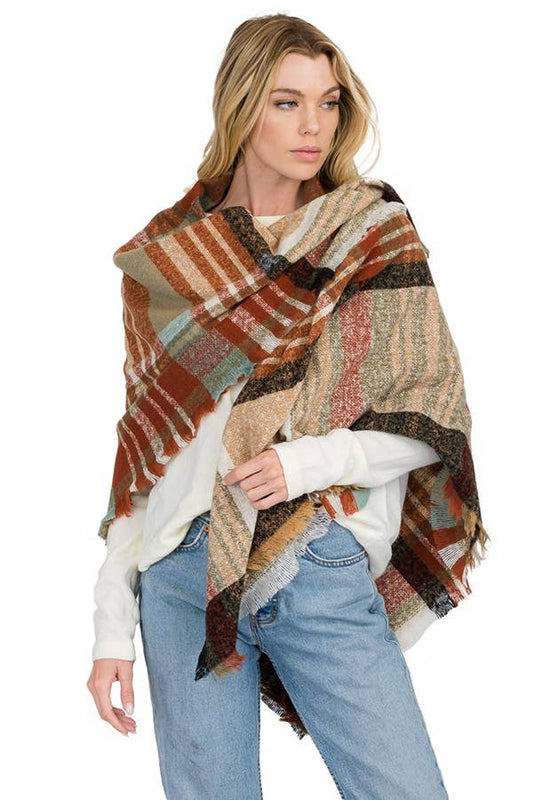 Madras Tartan Plaid Checkered Fray Trim Blanket Scarf
