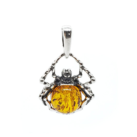 Cognac Amber Sterling Silver Spider Pendant