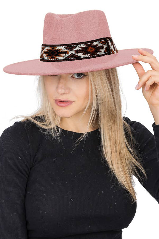 Navajo Rustic Band Pinch Crease Faux Wool Rancher Hat