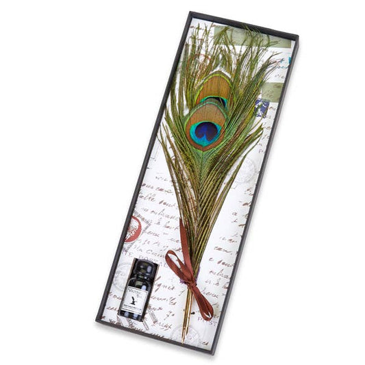 Natural Peacock Quill Nib Pen & Ink Set