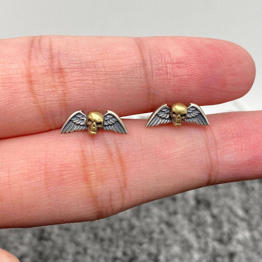 S925 Sterling Silver Winged Skull Gothic Stud Earrings - GT
