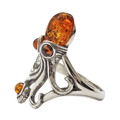 Cognac Amber Sterling Silver Octopus Adjustable Ring