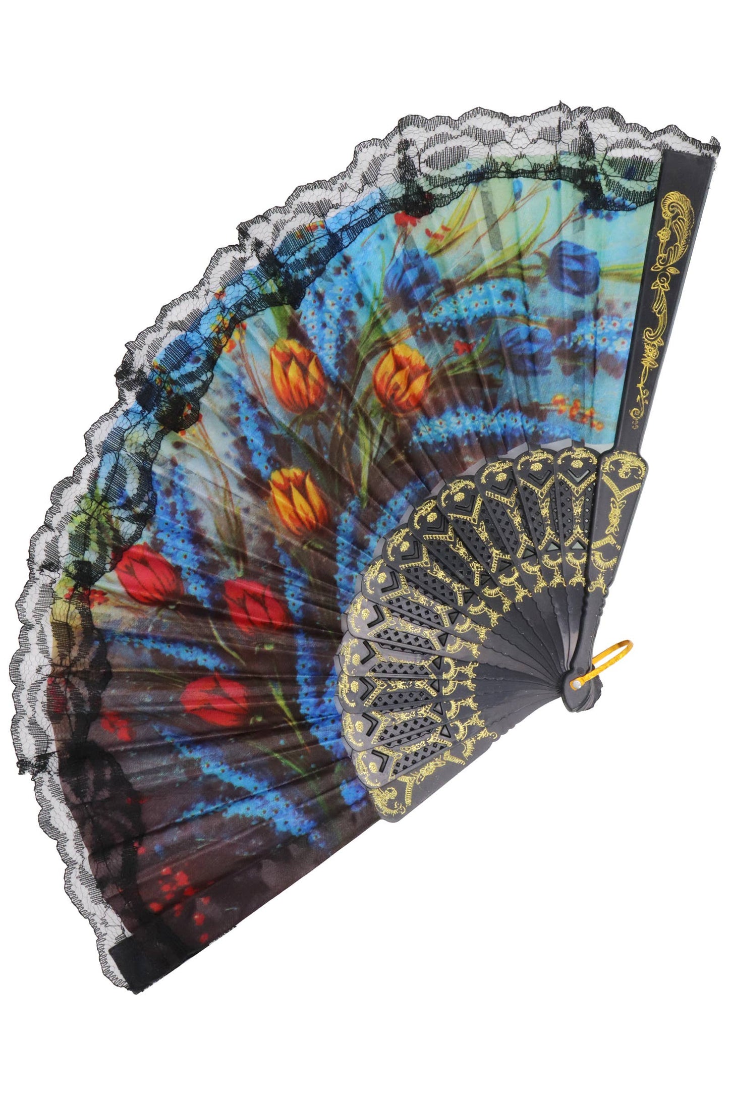 Sheer Floral Black Lace Trim Hand-Held Folding Fan