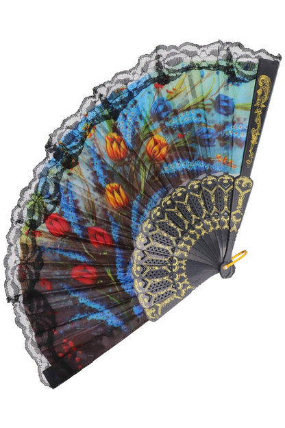 Sheer Floral Black Lace Trim Hand-Held Folding Fan