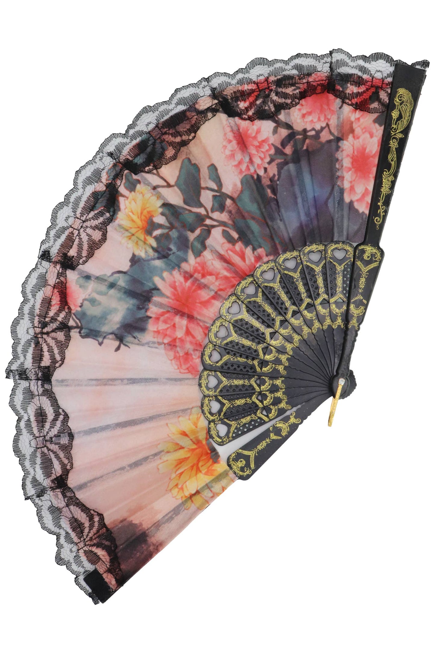 Sheer Floral Black Lace Trim Hand-Held Folding Fan