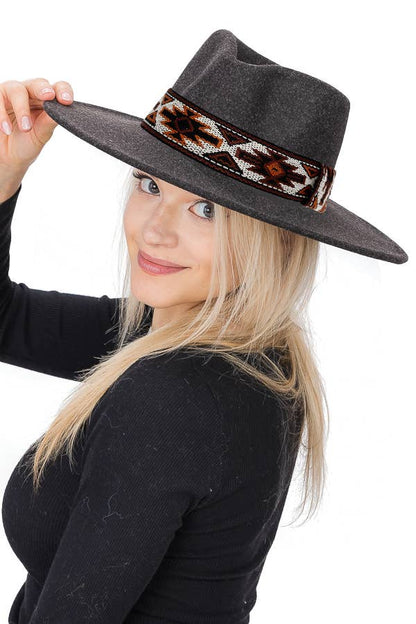 Navajo Rustic Band Pinch Crease Faux Wool Rancher Hat