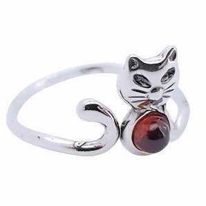 Cat Cognac Amber Sterling Silver Adjustable Ring